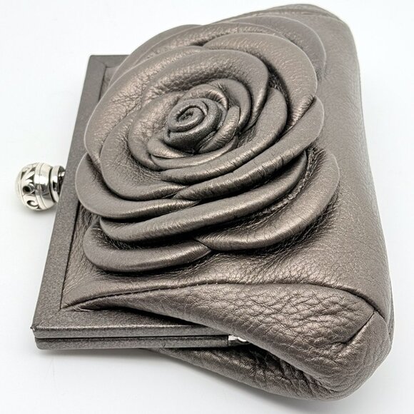 Brighton Pewter Leather Clutch Crossbody Purse Large Dimensional Flower on Front - Picture 12 of 17